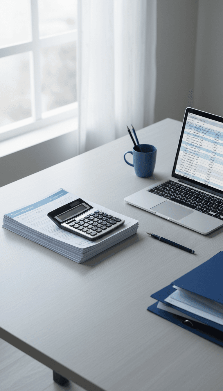 Organized bookkeeping workspace with monthly financial statements and a calculator
