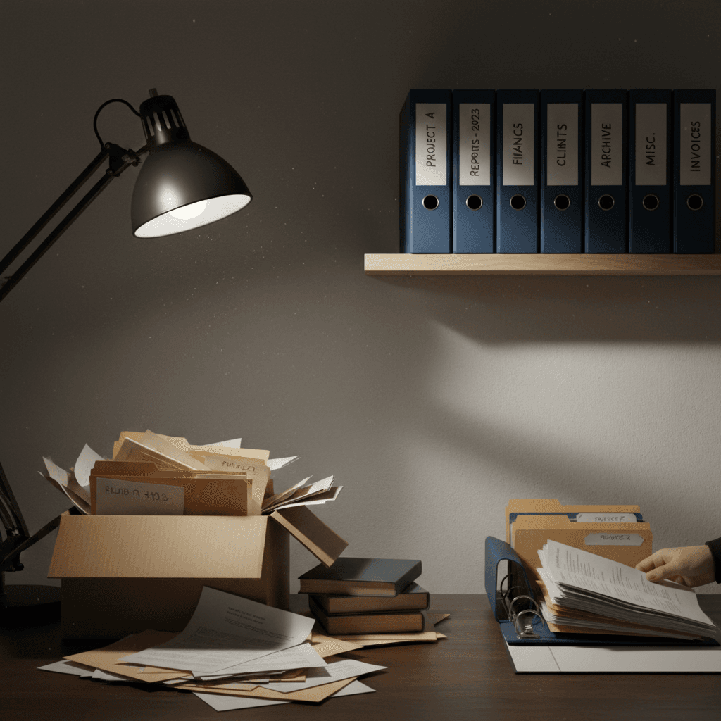 Disorganized papers being sorted into labeled binders