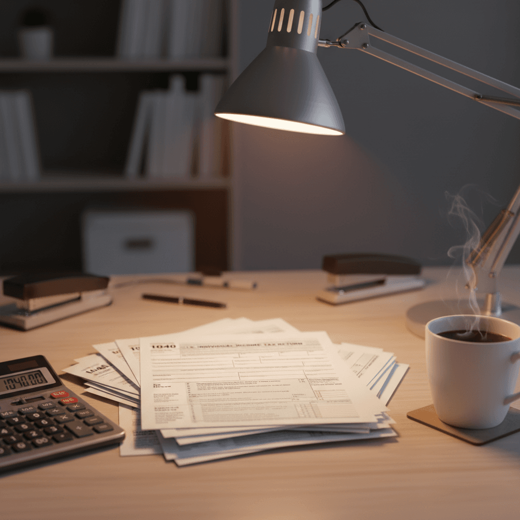 Calculator and tax forms arranged on a desk