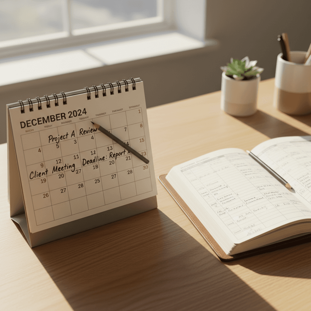 Ledger book and pencil beside a monthly desk calendar