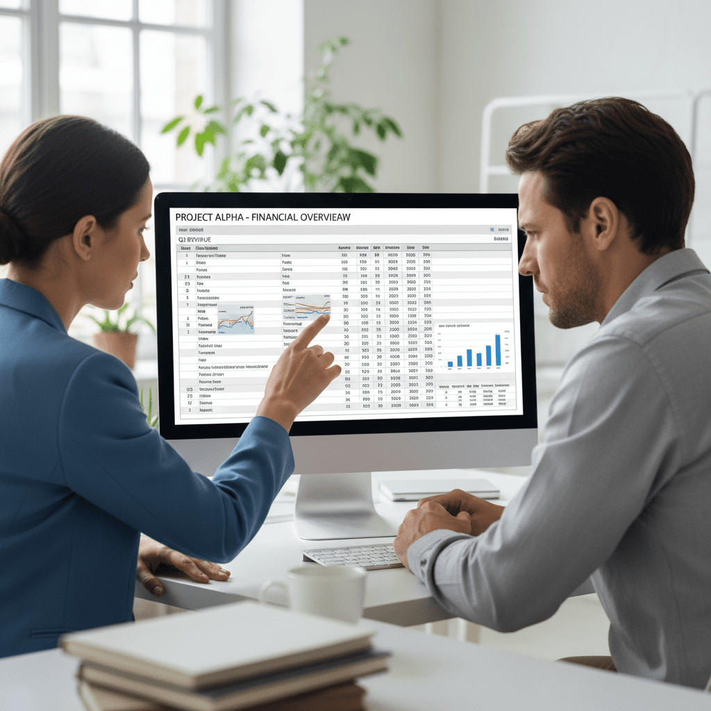 Two people reviewing a payroll spreadsheet together