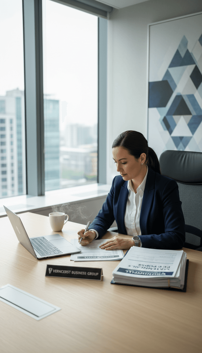 Business owner analyzing financial reports at a desk with a laptop and coffee
