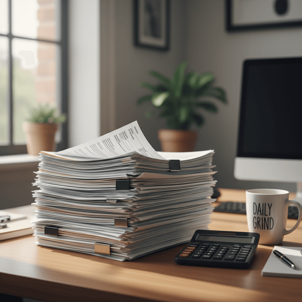 Neat stack of invoices on a desk with a calculator