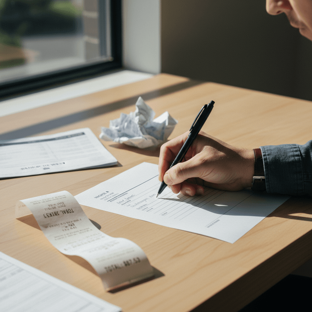 Hand writing on an invoice with a pen at a desk