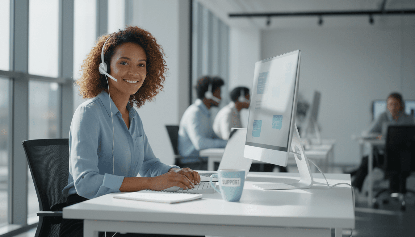 Headset-wearing customer support specialist at a sunlit desk, speaking into a slim microphone while reviewing a client schedule on a dual-monitor workstation, warm cream office, calm professional photography