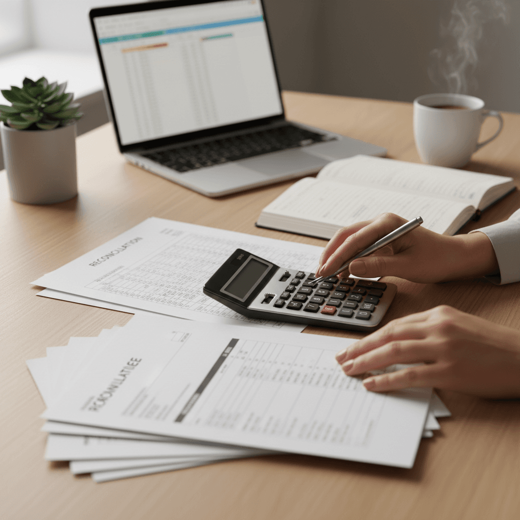 Calm office desk at month-end with a printed closing statement, open ledger, calculator, and neatly stacked invoices in warm natural light, editorial photograph