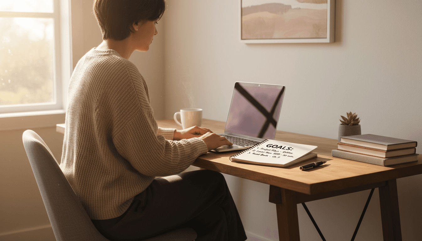 Sunlit home-office desk with an open planner, stacked invoices, and a laptop showing a tidy weekly calendar, warm cream walls and wood grain, calm documentary photograph of organized daily operations