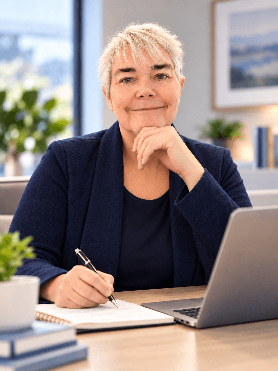 Smiling woman with short grey hair sitting at a desk with a laptop and notebook.