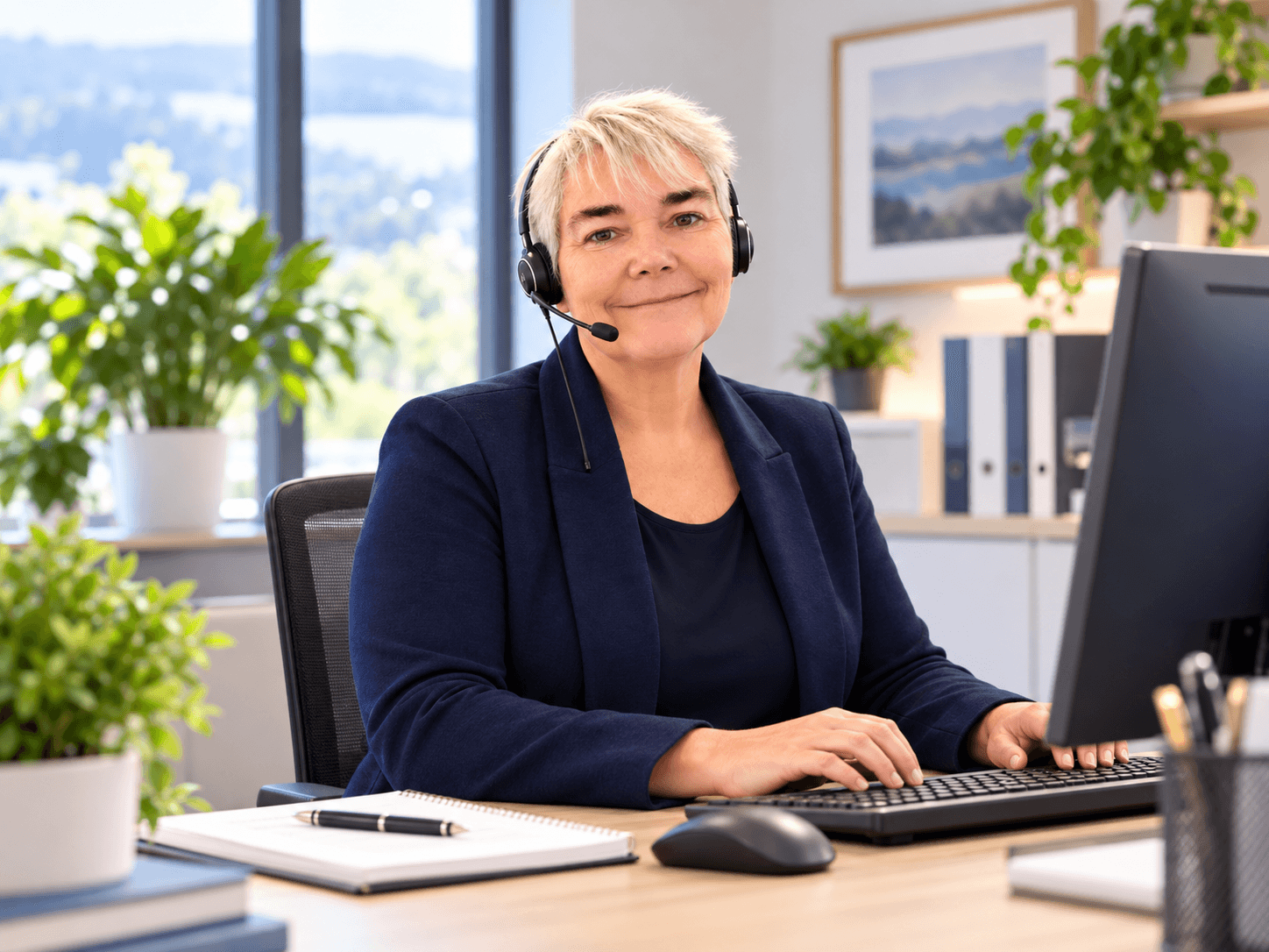 Smiling woman with short hair wearing a headset at a desk in a bright office.