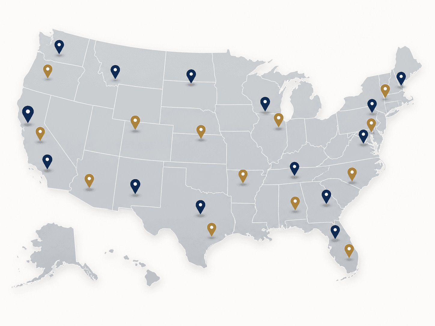 Gray map of the United States with scattered dark blue and gold location pins.