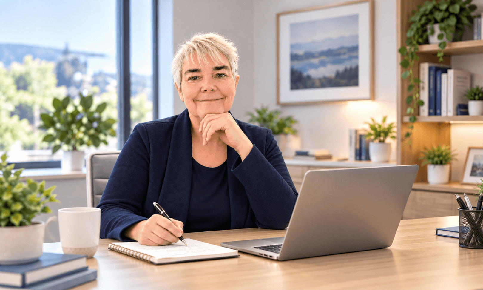 Smiling woman with short hair at a desk with a laptop, writing in a notebook.